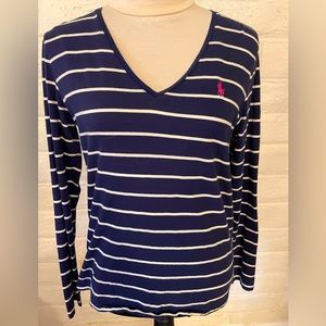 Ralph Lauren Sport Navy/White Striped V-neck Long Sleeved T-shirt, size L